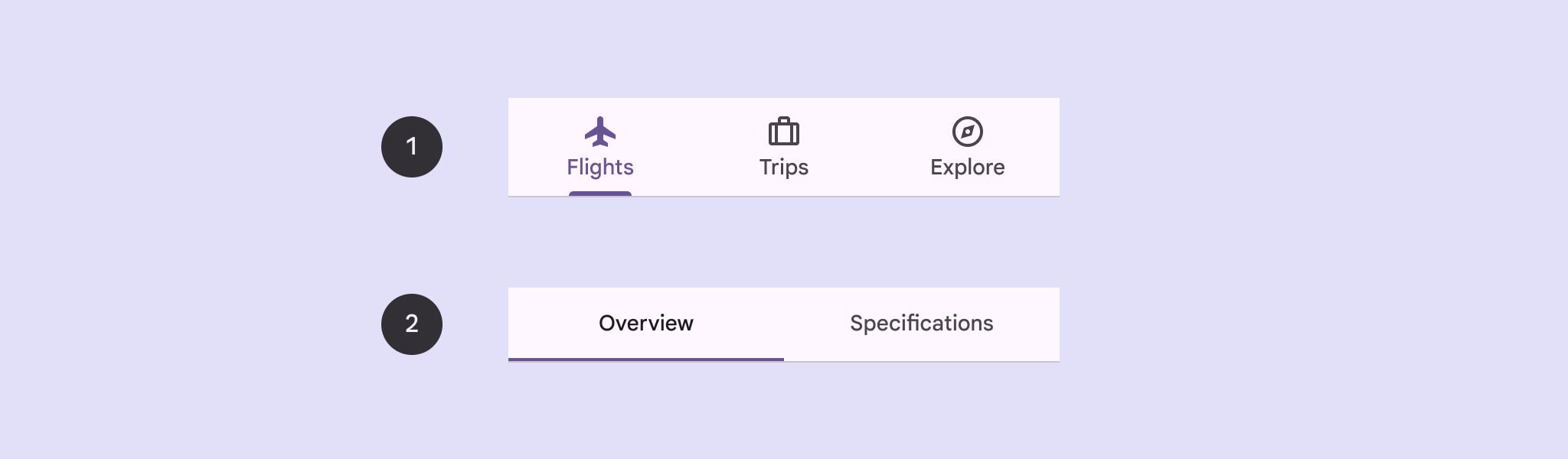  Vengono mostrate tre schede principali con le icone associate (Voli, Viaggi ed Esplora). Vengono visualizzate due schede secondarie (Panoramica, Specifiche) senza icone associate.