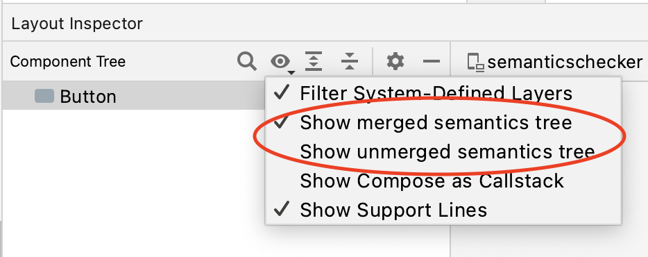 Layout Inspector-Ansichtsoptionen, mit denen Sie sowohl die zusammengeführte als auch die noch nicht zusammengeführte Semantikstruktur anzeigen können