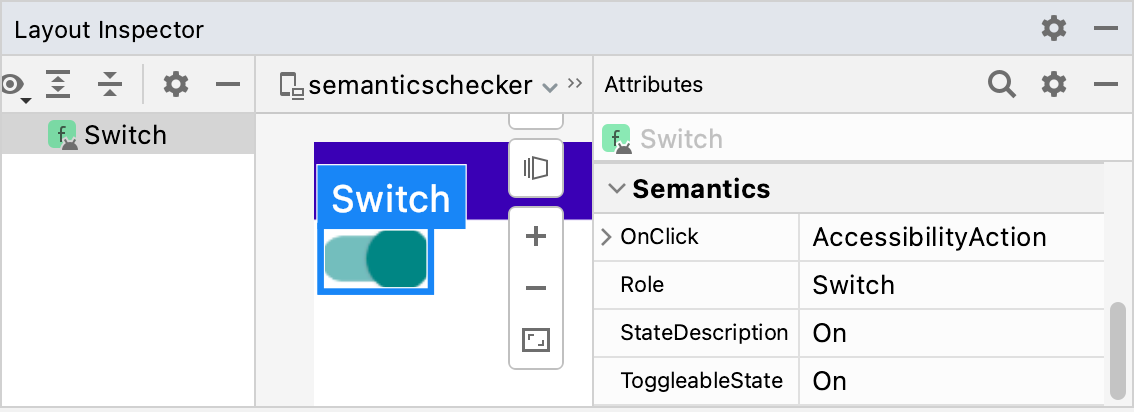 Outil d&#39;inspection de la mise en page affichant les propriétés sémantiques d&#39;un composable Switch (Bouton bascule)