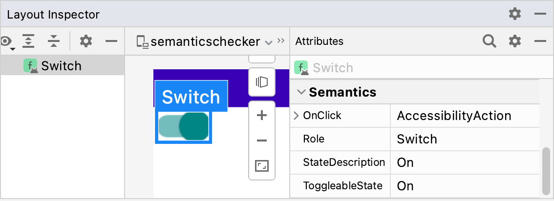 Layout Inspector mit den Semantik-Eigenschaften einer zusammensetzbaren Funktion (Switch)