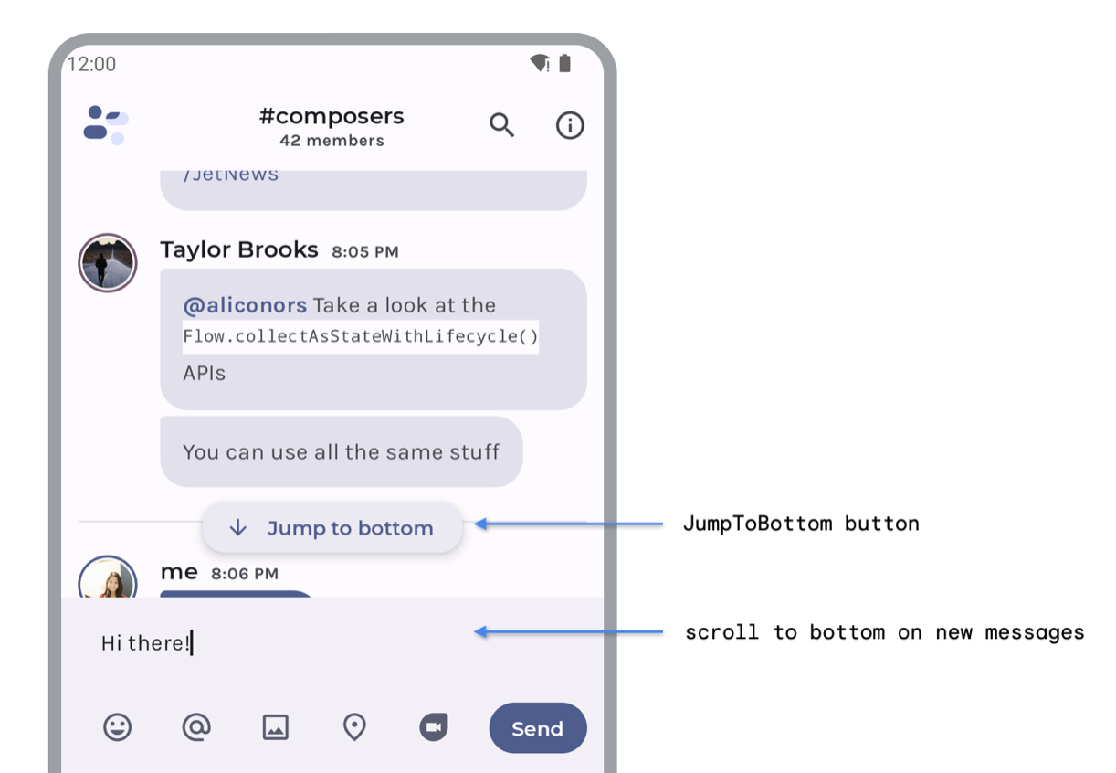 JumpToBottom ボタンと、新しいメッセージを送信すると一番下までスクロールする機能を持つチャットアプリ