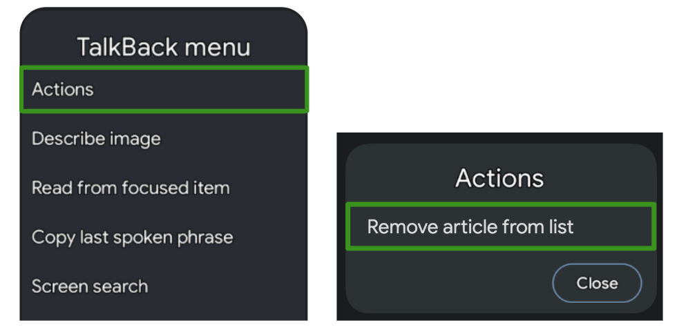 Visualizzazione del menu di azioni di TalkBack