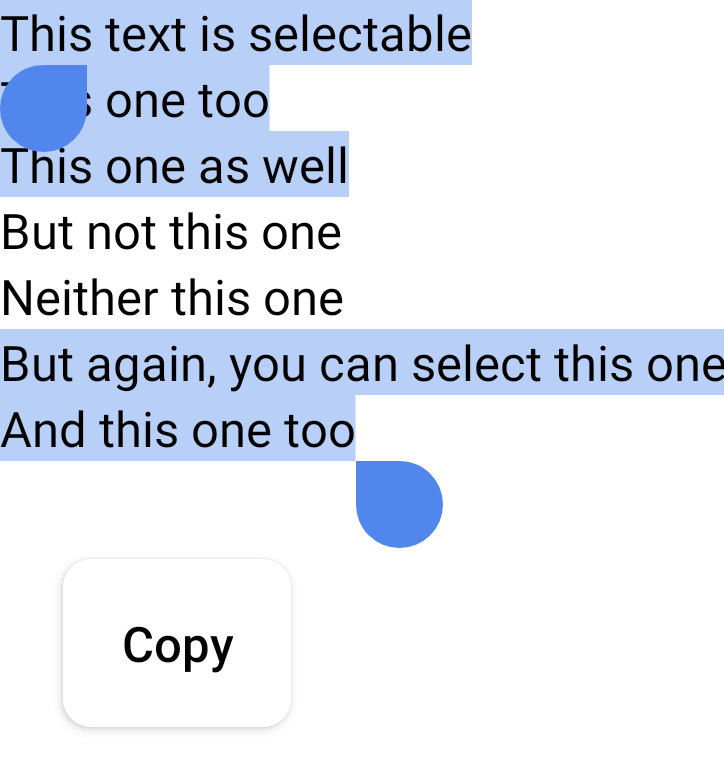 فقرة نصية أطول حاول المستخدم اختيار الفقرة بأكملها، ولكن بما أنّه تم تطبيق DisableSelection على سطرَين، لم يتم اختيارهما.