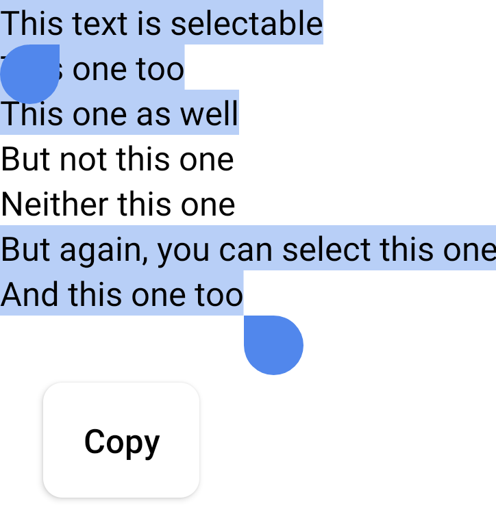 長い文。ユーザーは文全体を選択しようとしましたが、DisableSelection が適用された 2 つの行は選択されませんでした。