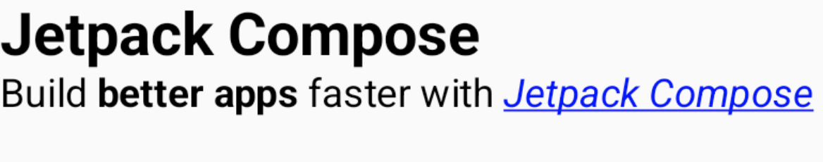 'Jetpack Compose' H1 हेडिंग के बाद, 'Jetpack Compose की मदद से बेहतर ऐप्लिकेशन बनाएँ' लिखा गया है. इसमें Jetpack Compose पर क्लिक किया जा सकता है. इसे नीले रंग, अंडरलाइन, और इटैलिक स्टाइल में लिखा गया है.