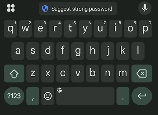 O chip &quot;Sugerir senha forte&quot; na barra de ferramentas do teclado.