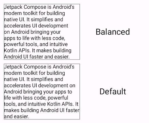 Un paragrafo con una strategia di interruzione di riga bilanciata e un paragrafo
  formattato senza una strategia. Il paragrafo con la strategia di interruzione di riga bilanciata
  ha lunghezze di riga più coerenti rispetto a quella predefinita.