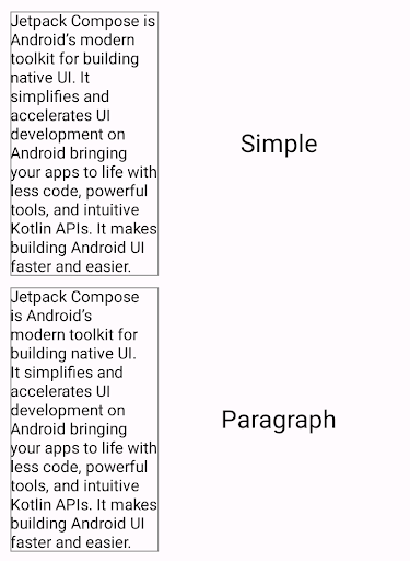 Um bloco de texto que mostra uma estratégia de quebra de linha simples em comparação com um bloco
  de texto com uma estratégia de quebra de linha otimizada para parágrafos. O bloco de texto com a estratégia
de quebra de linha simples tem mais variabilidade no comprimento das linhas.