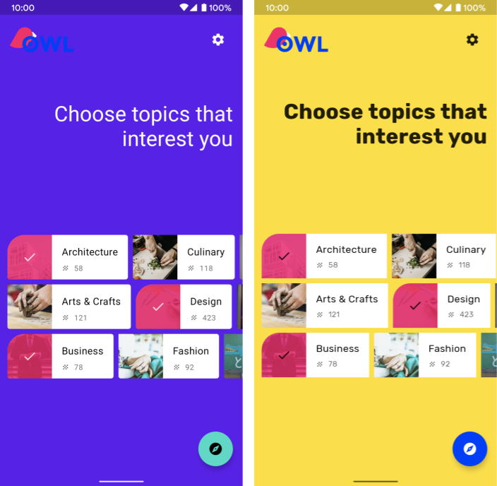 لقطتا شاشة متناقضتان تستخدم اللقطة الأولى تصميم MaterialTheme التلقائي، بينما تستخدم اللقطة الثانية تصميمًا معدَّلاً.