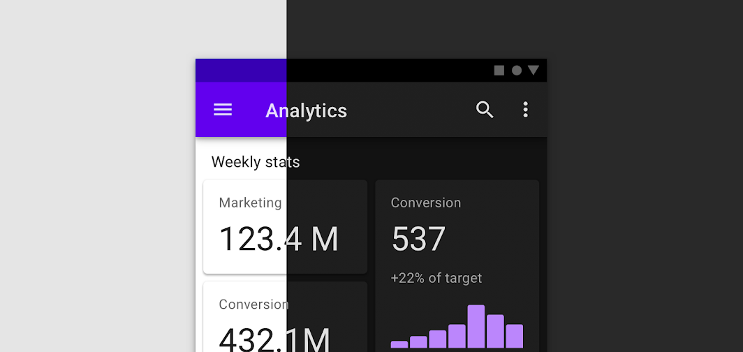 Screenshot of a Material dark theme, showing the top app bar using surface color instead of primary color for limited color accents