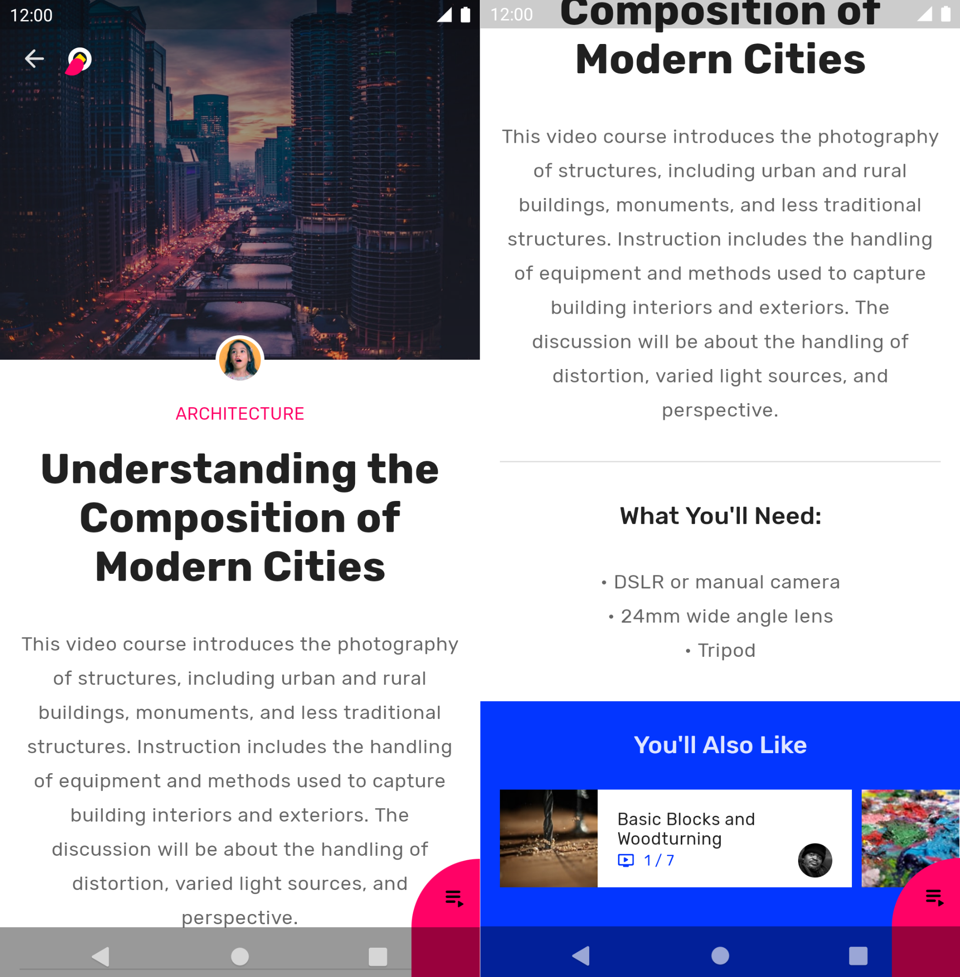 Screenshot di un&#39;app che mostra temi nidificati, con un tema rosa per la schermata principale e un tema blu per una sezione correlata