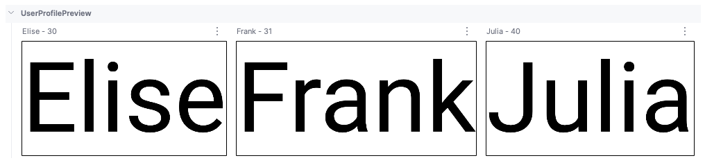 Previews with custom display names showing Elise - 30, Frank - 31 and Julia - 40 composables