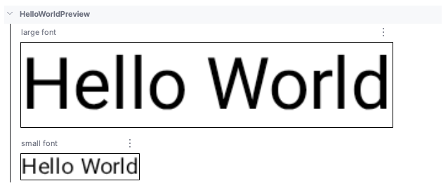Android Studio design tab showing the composable with small and large font