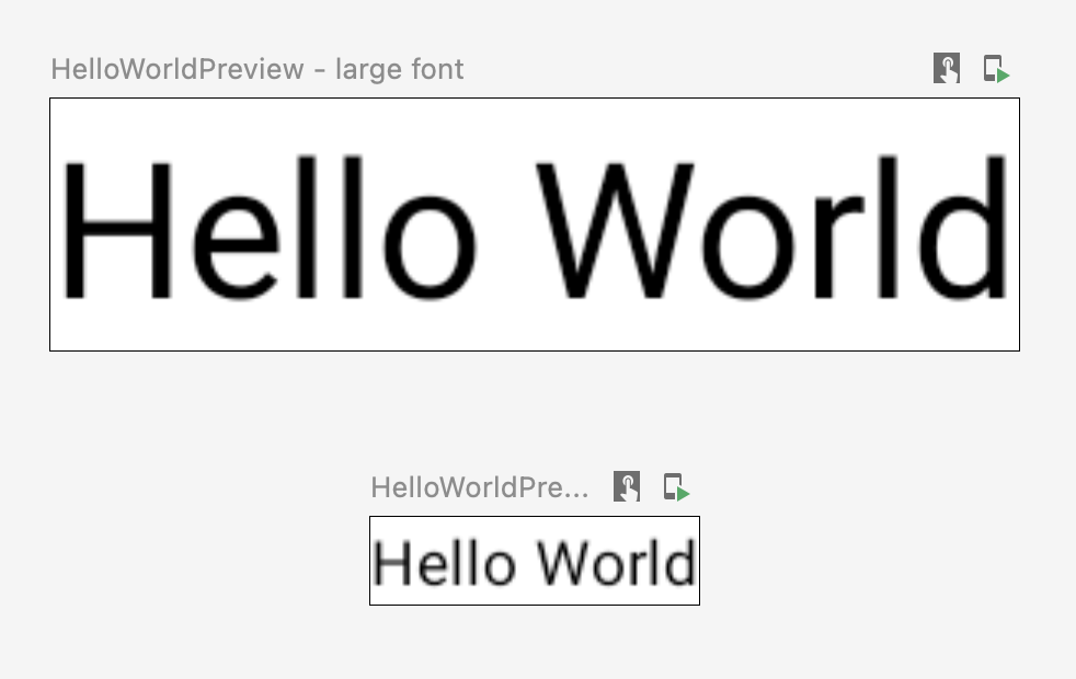 Tab desain Android Studio yang menampilkan composable dengan font
kecil dan besar