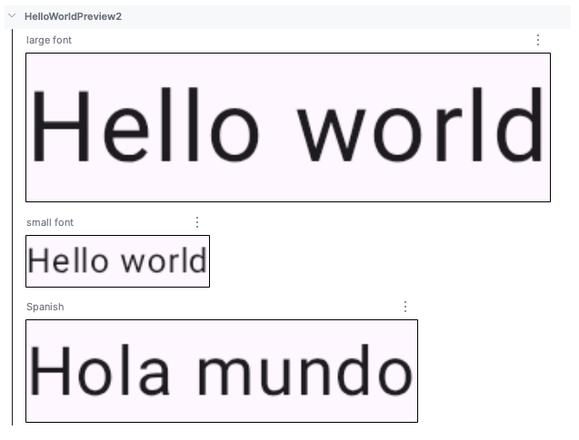 コンポーザブルがすべての構成で表示されている Android Studio のデザインタブ