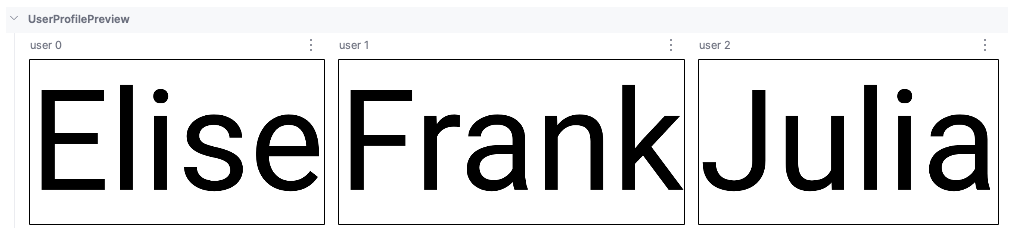 Elise, Frank ve Julia composable'larını gösteren önizlemeler