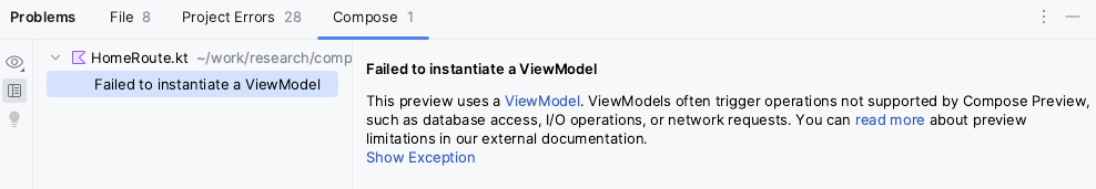 Painel de problemas do Android Studio com a mensagem &quot;Falha ao instanciar um ViewModel&quot;
mensagem