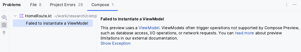 Android Studio 的“问题”窗格，包含“未能实例化“ViewModel”消息