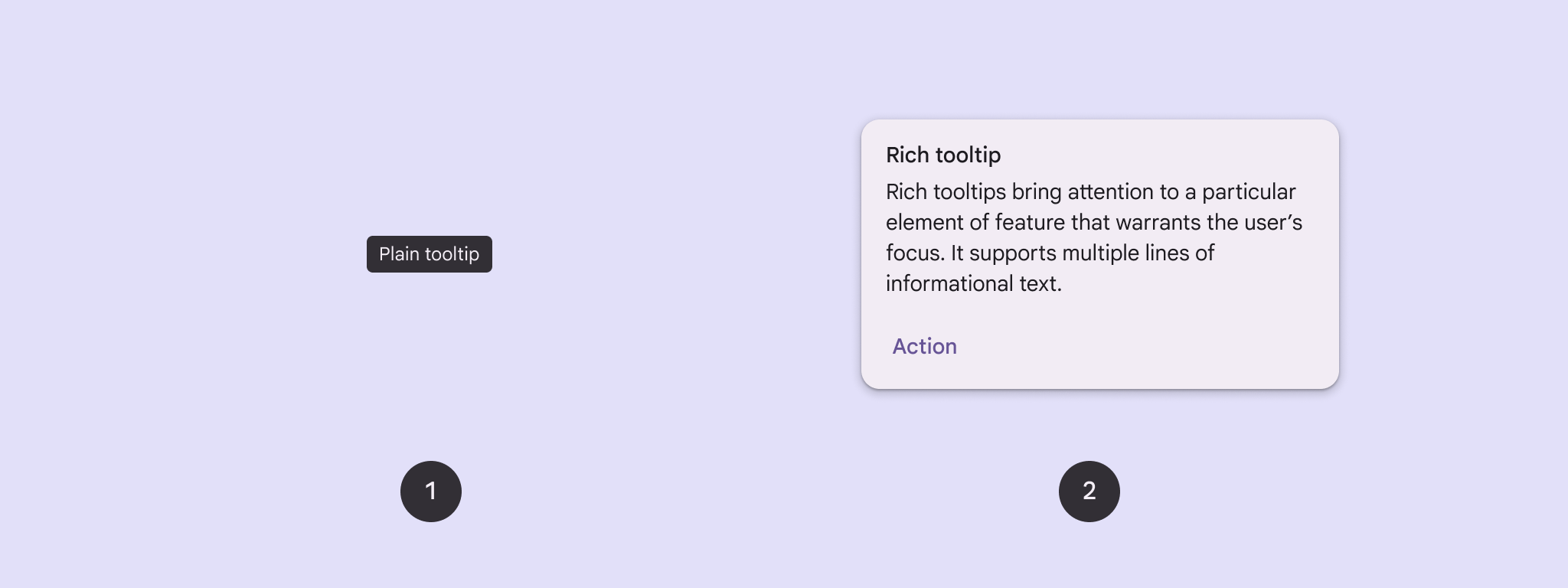 ラベル付きの 1 行のシンプルなツールチップ（1）と、タイトルと情報ブロックがラベル付きの複数行のリッチ ツールチップ（2）。