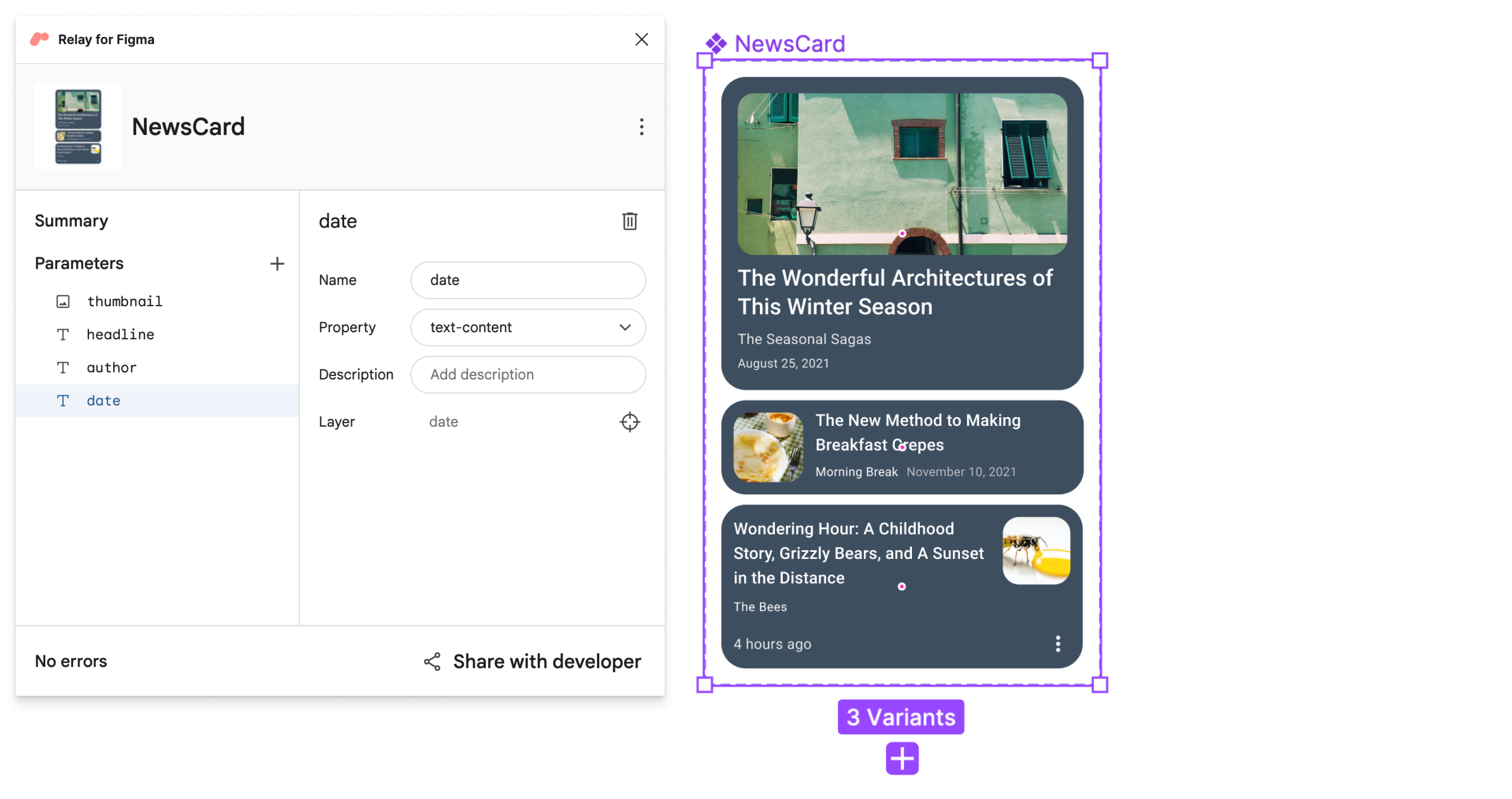 Il plug-in Figma con i parametri &quot;headline&quot;, &quot;author&quot; e &quot;date&quot;