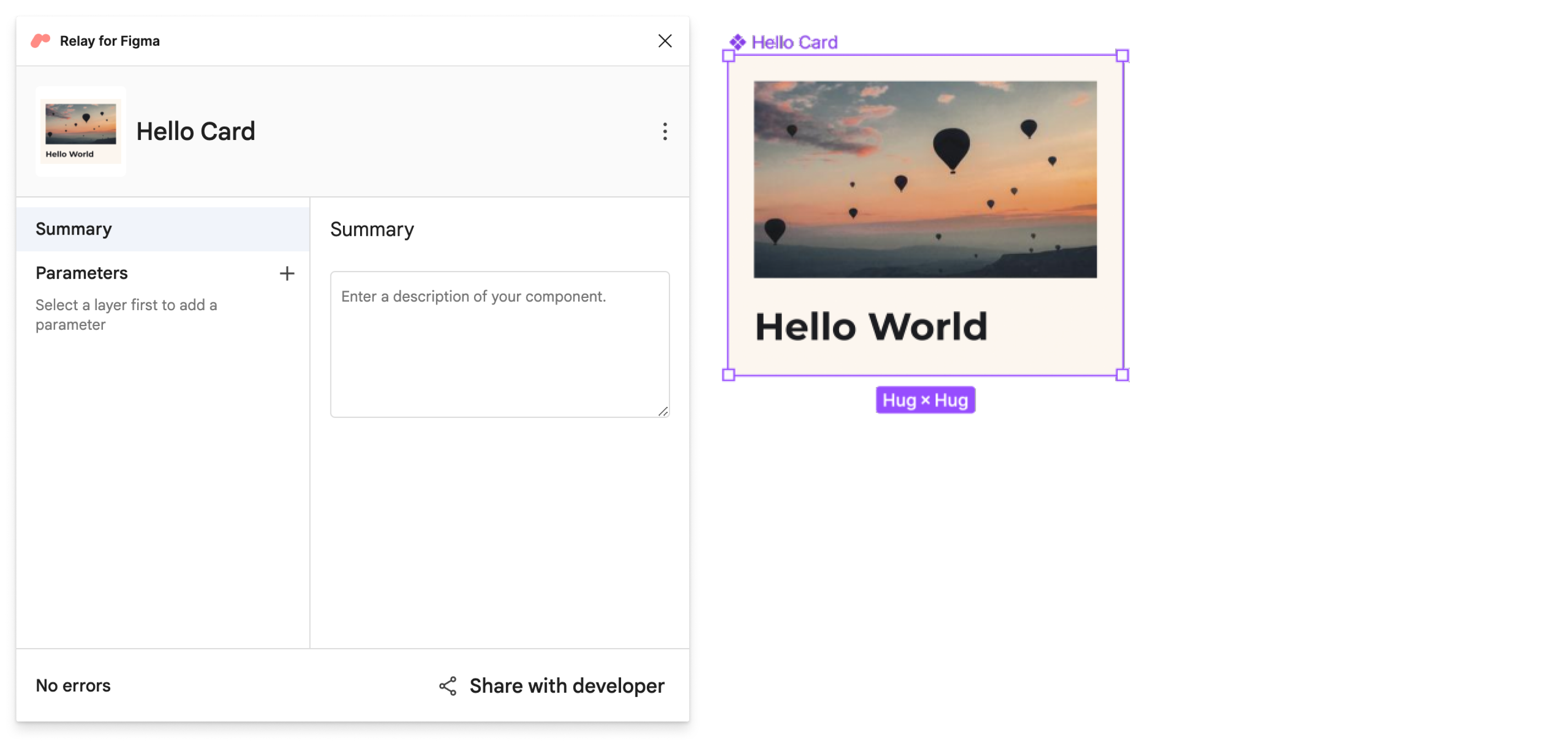 Plug-in do Figma com o card hello selecionado