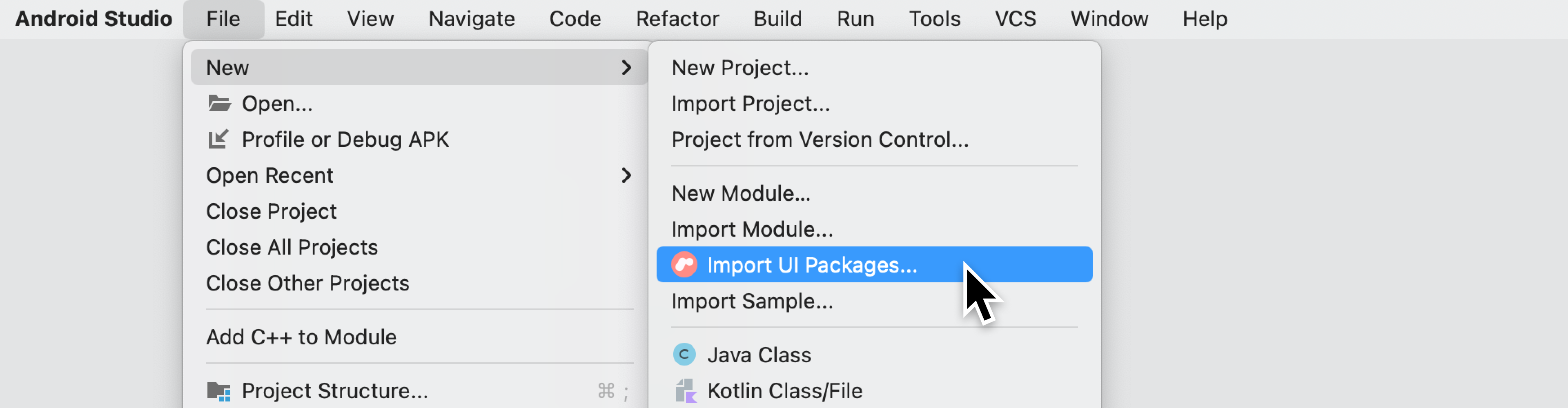 Opzione Importa pacchetti UI... nel menu File