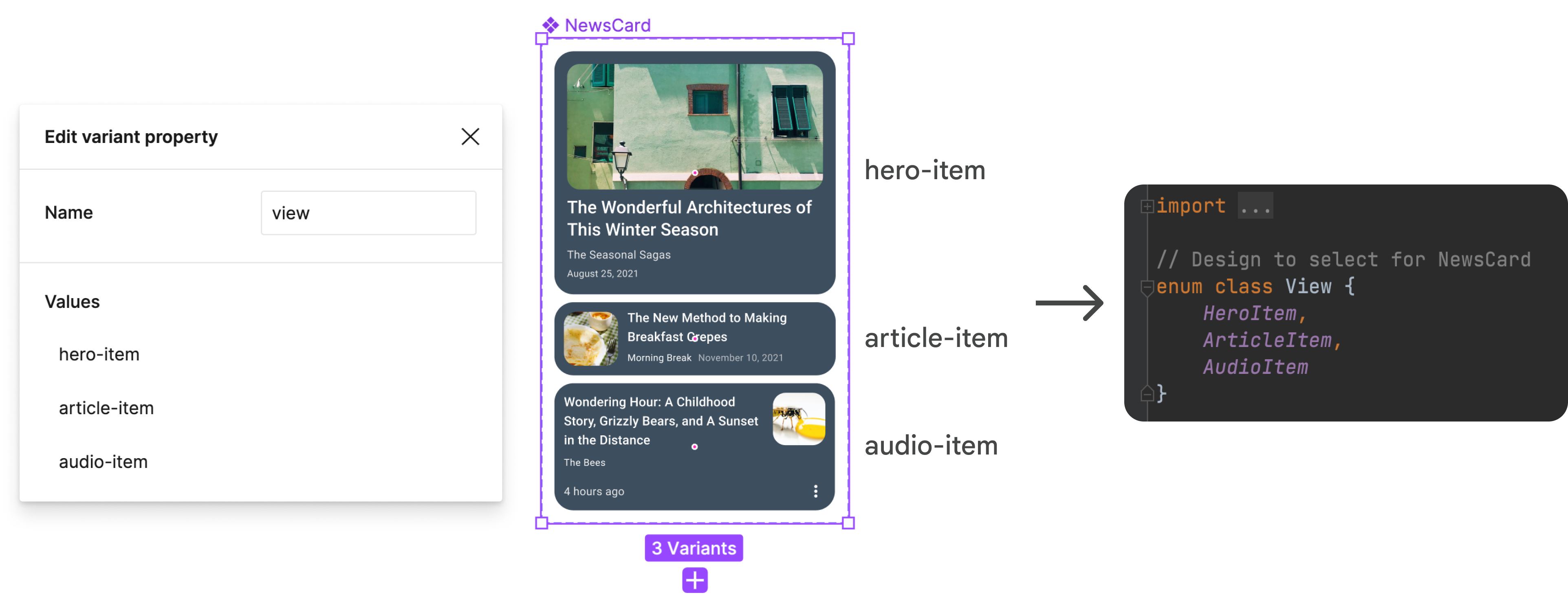 Variantes dans Figma et énumération View correspondante