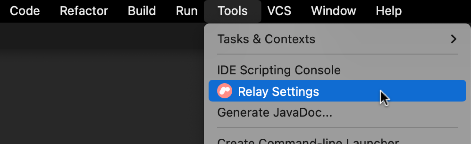 Option du menu &quot;Paramètres Relay&quot; sous &quot;Outils&quot; pour configurer le jeton d&#39;accès Figma