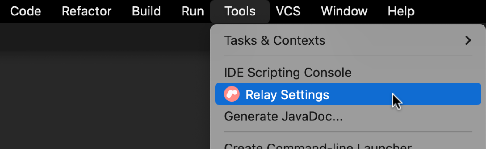 Figma 액세스 토큰을 설정하는 Tools 아래의 Relay Settings 메뉴 옵션