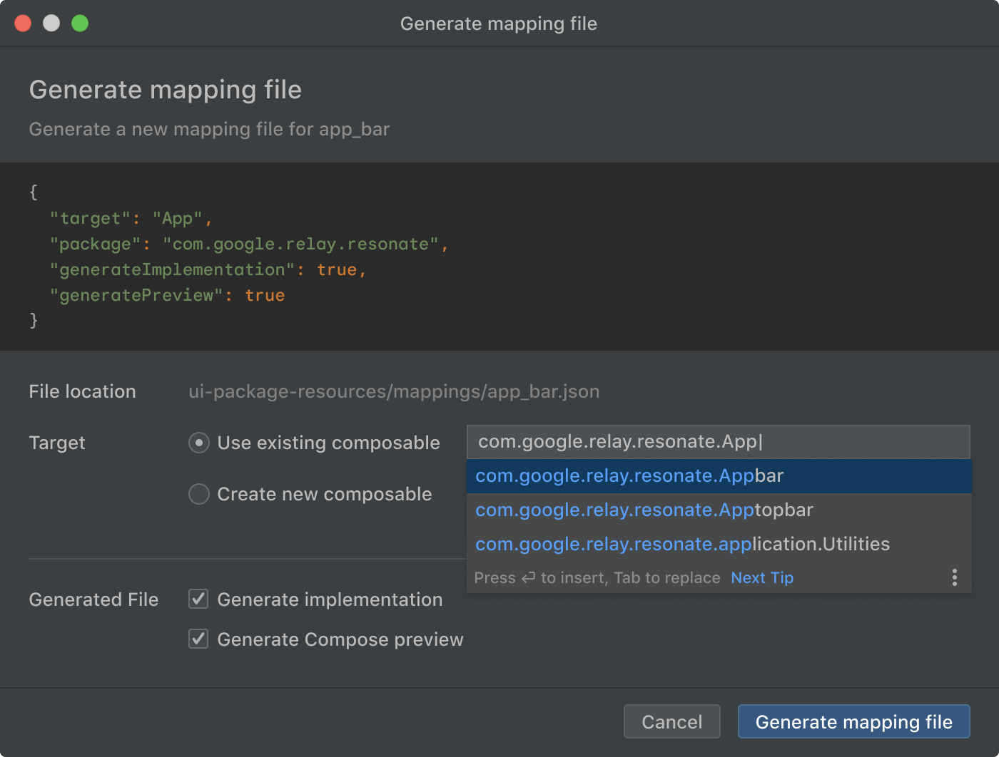 Dialog untuk membuat file pemetaan