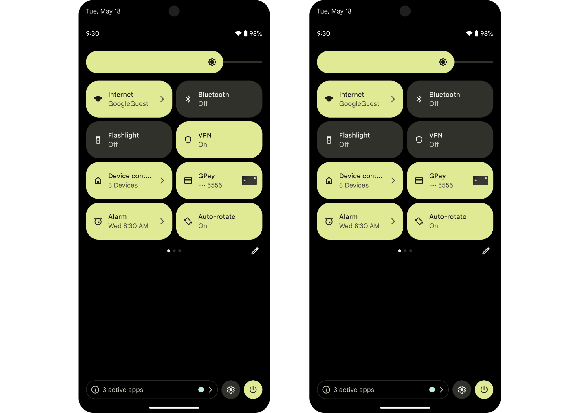 Painel de Configurações rápidas com o bloco de VPN ativado e desativado