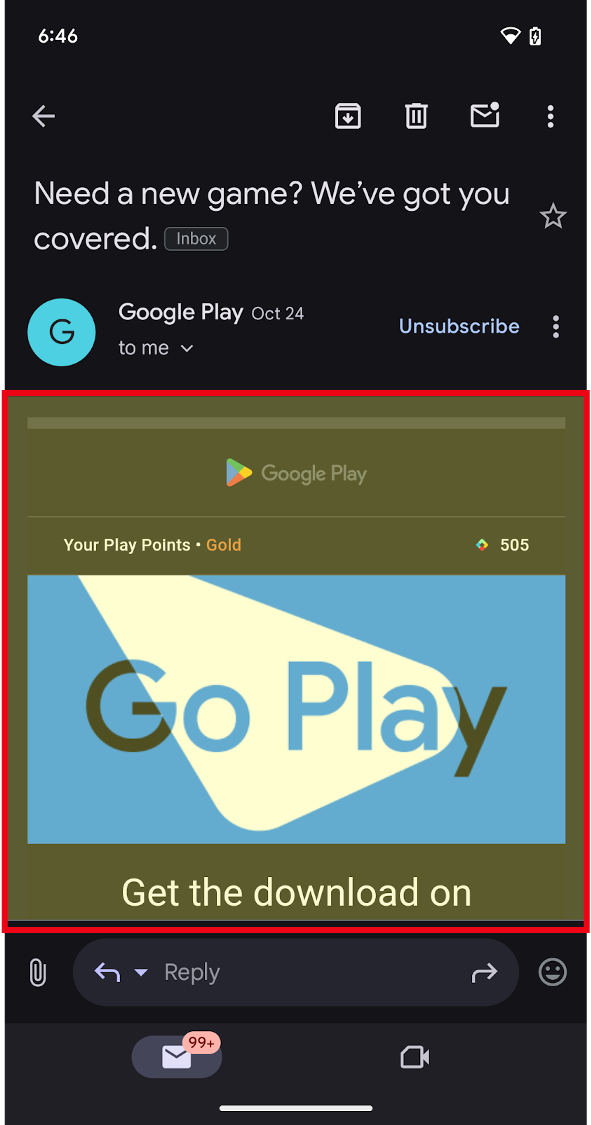 Aplikacja na Androida otwarta w Google Play. Główny widok internetowy jest wyróżniony na czerwono