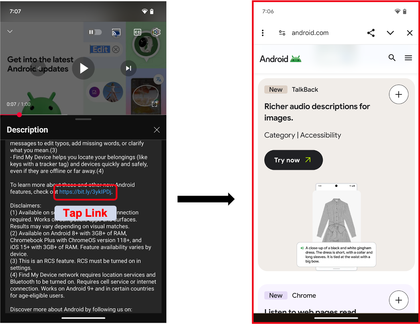 Un link in-app in una casella rossa e una freccia che indica un&#39;altra schermata che mostra il link aperto con una scheda personalizzata.