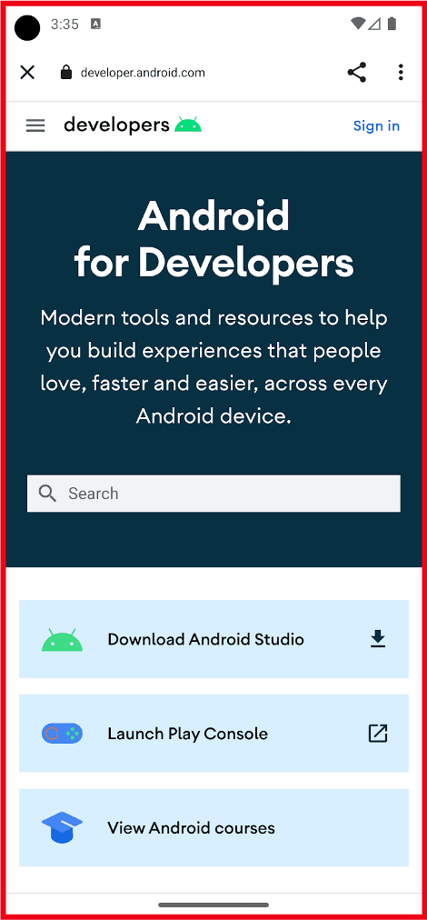 Benutzerdefinierter Tab, der auf die Webseite „Android For Developers“ geöffnet ist, hervorgehoben.