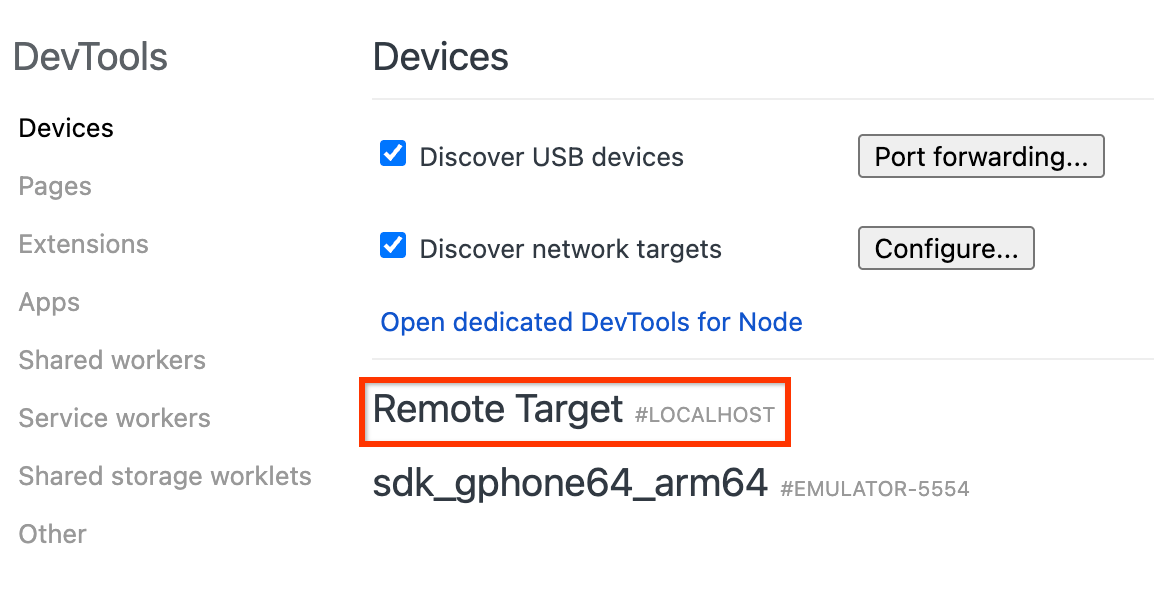 디버깅에 사용할 수 있는 원격 타겟을 보여주는 Chrome DevTools 검사 페이지