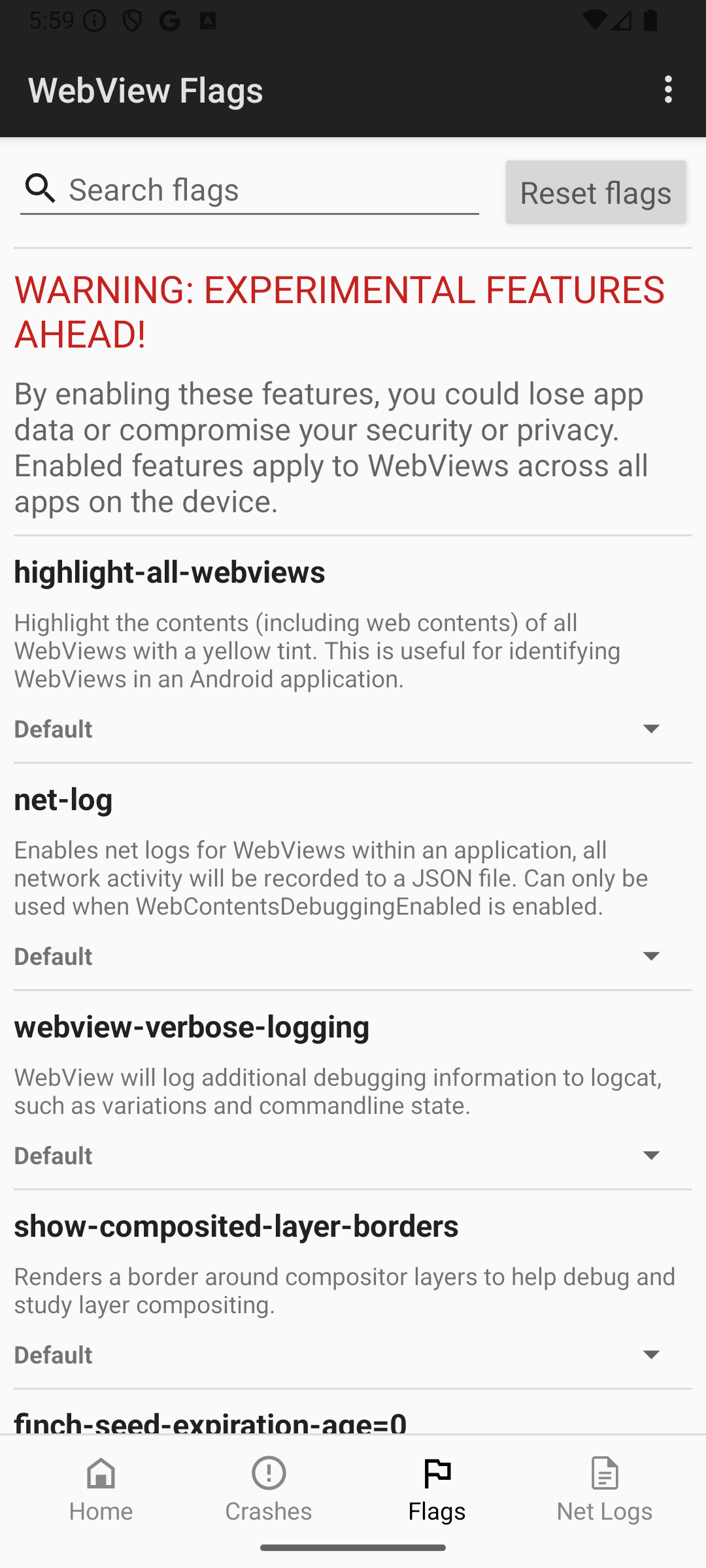 WebView DevTools app showing the Flags UI.