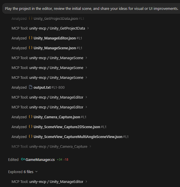 Antigravity IDE Agent window displaying a prompt that requests a visual audit of the active Unity scene.