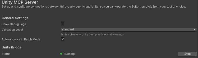 Unity MCP settings showing the Unity Bridge status as Running.