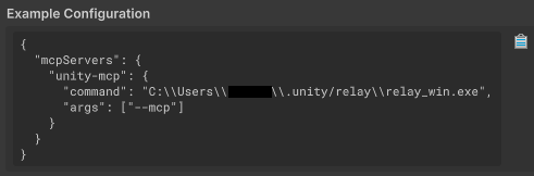 Unity MCP settings showing the Example Configuration text field and a copy button.