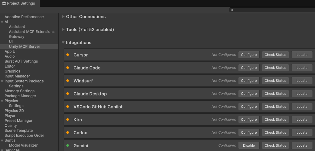 Unity MCP settings showing the Gemini integration as Configured with a green status indicator.