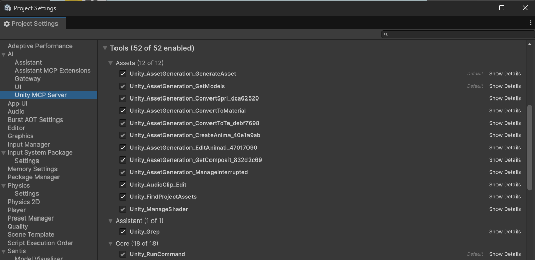 Unity MCP settings with various tools selected under the Tools section.