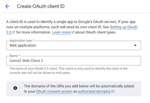 Google Cloud UI for creating a new web OAuth client ID