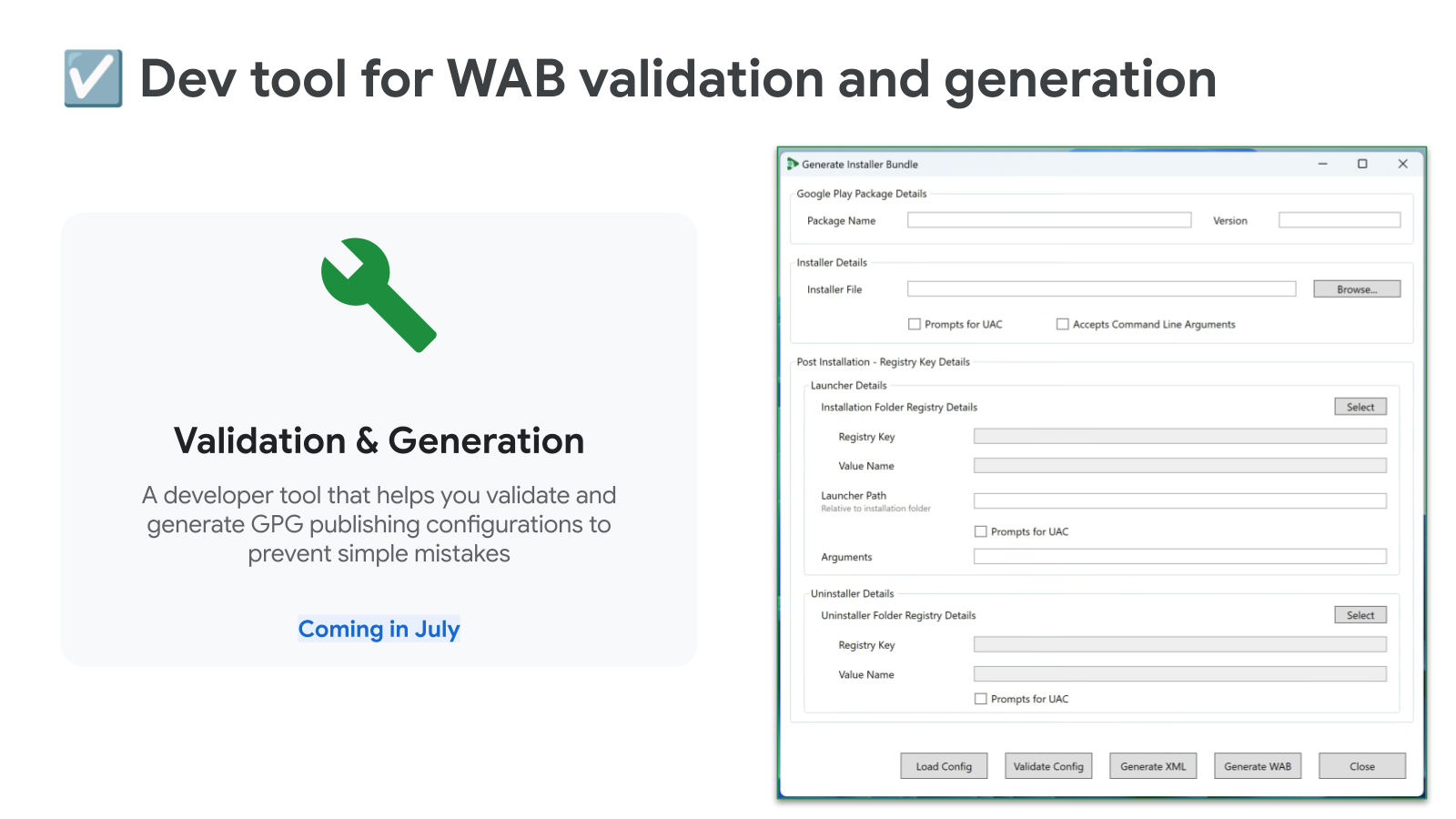 Preview of the configuration interface for the developer tool