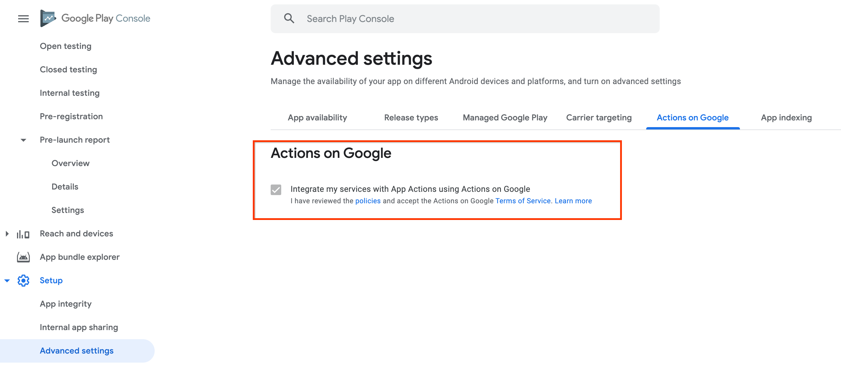 Conditions d&#39;utilisation des actions dans les applications dans la Google Play Console.