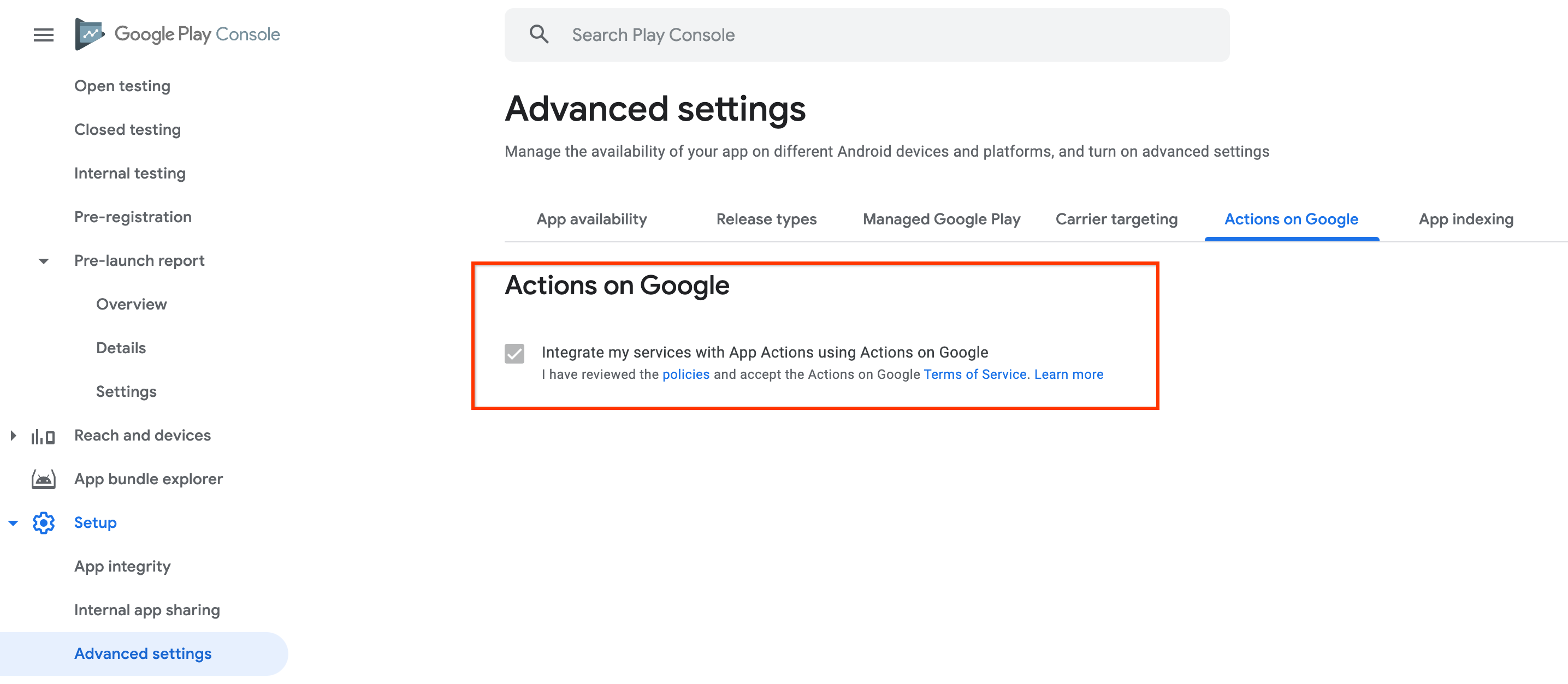 Nutzungsbedingungen von Actions on Google in der Google Play Console