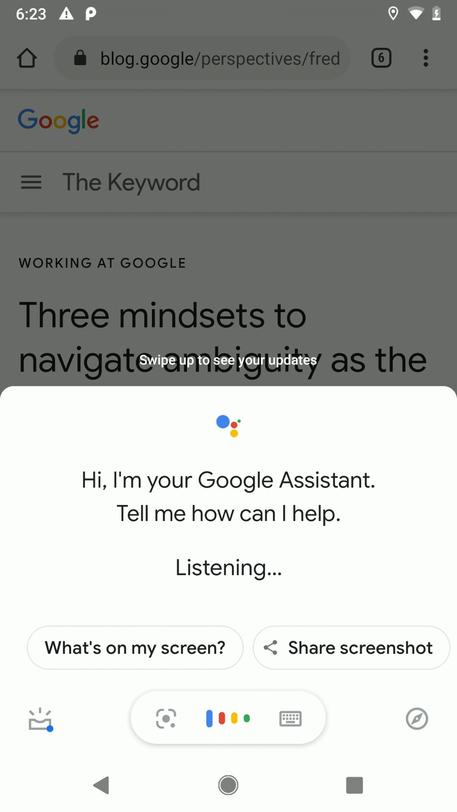 Wenn Sie dazu aufgefordert werden, liest eine App Webinhalte auf dem Bildschirm mithilfe von Google Assistant vor.