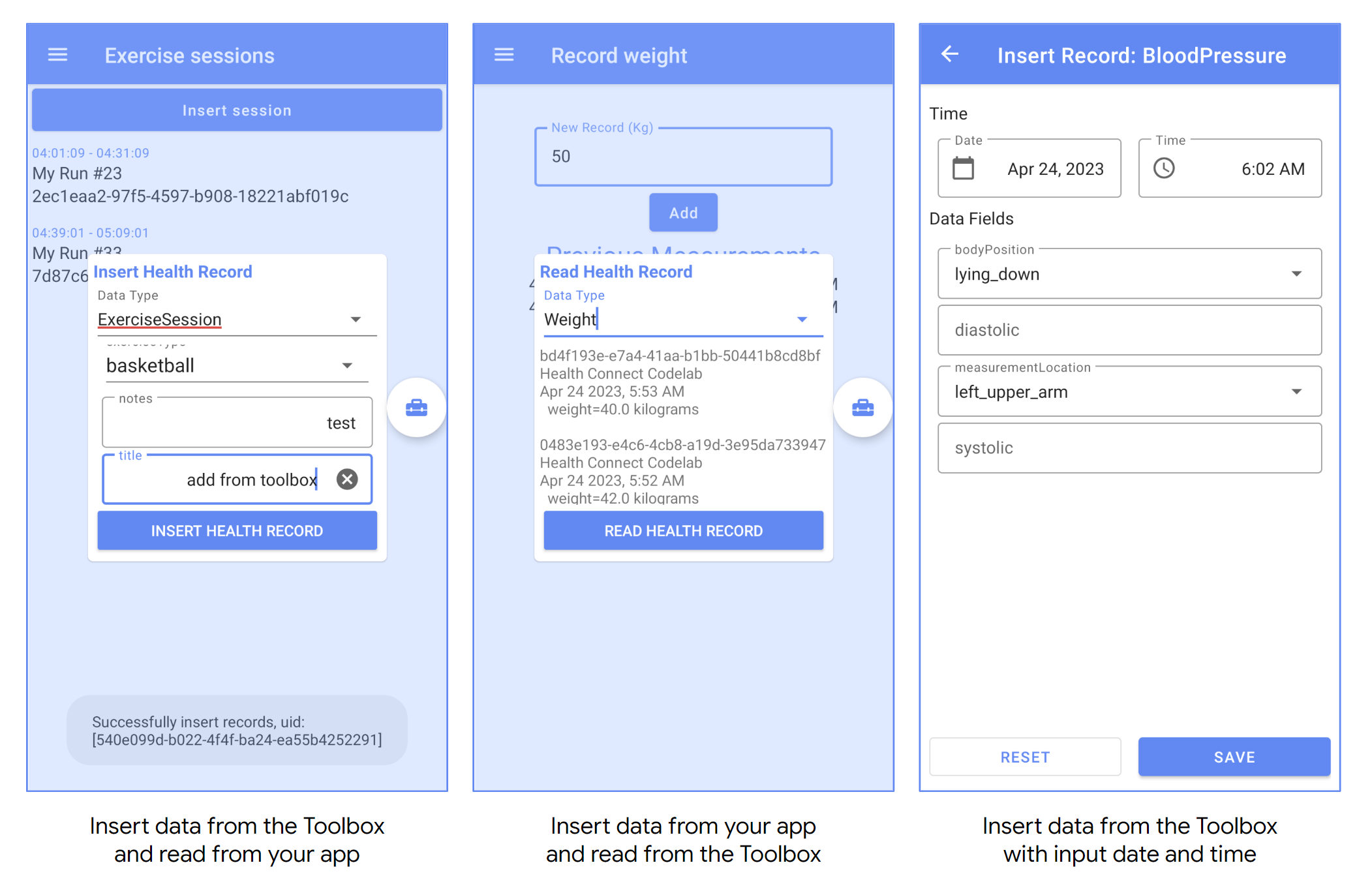 Ein Screenshot zeigt das Einfügen von Daten aus der Toolbox und das Lesen von Daten aus der App. Ein weiterer Screenshot, auf dem das Gegenteil zu sehen ist. Dritter Screenshot, der das Einfügen von Daten mit ausgewählter Zeit zeigt.