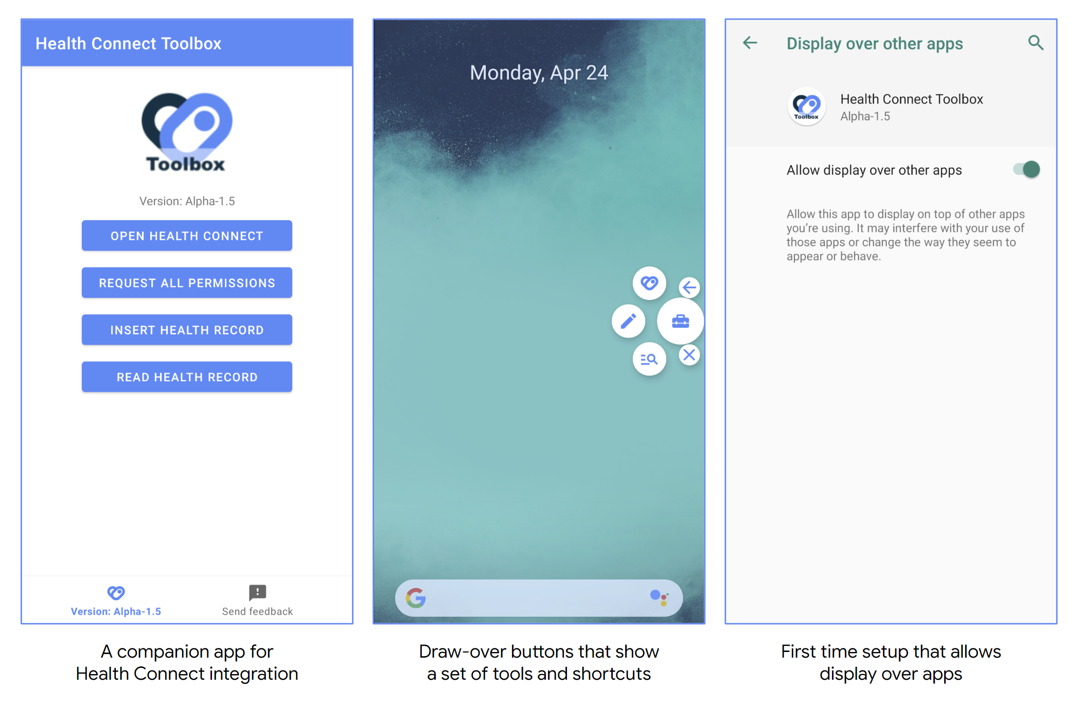 The Health Connect Toolbox app is shown as a full user interface and as draw-over shortcut buttons. Users can set the latter up once opened for the first time.
