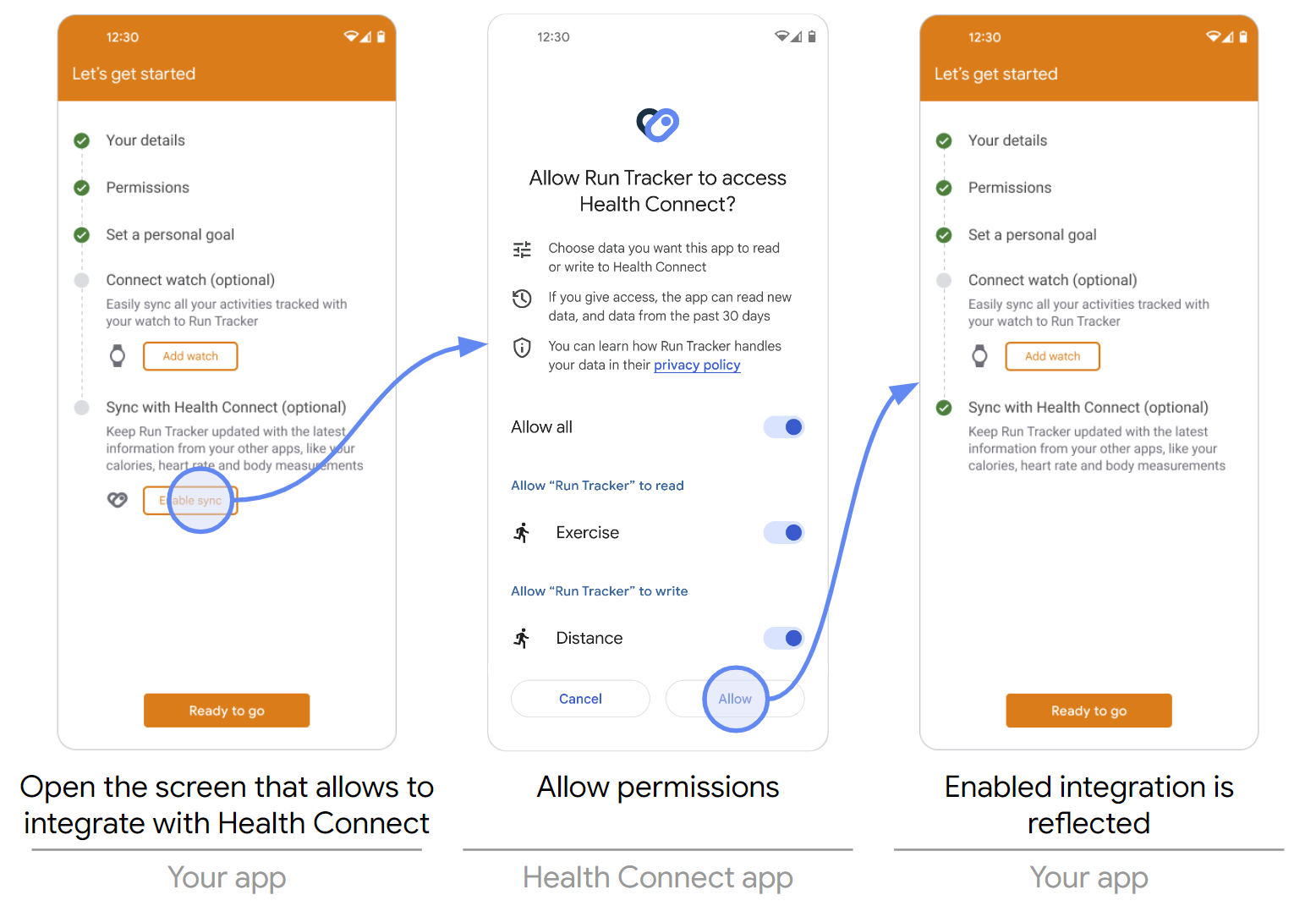 שילוב עם Health Connect דרך האפליקציה