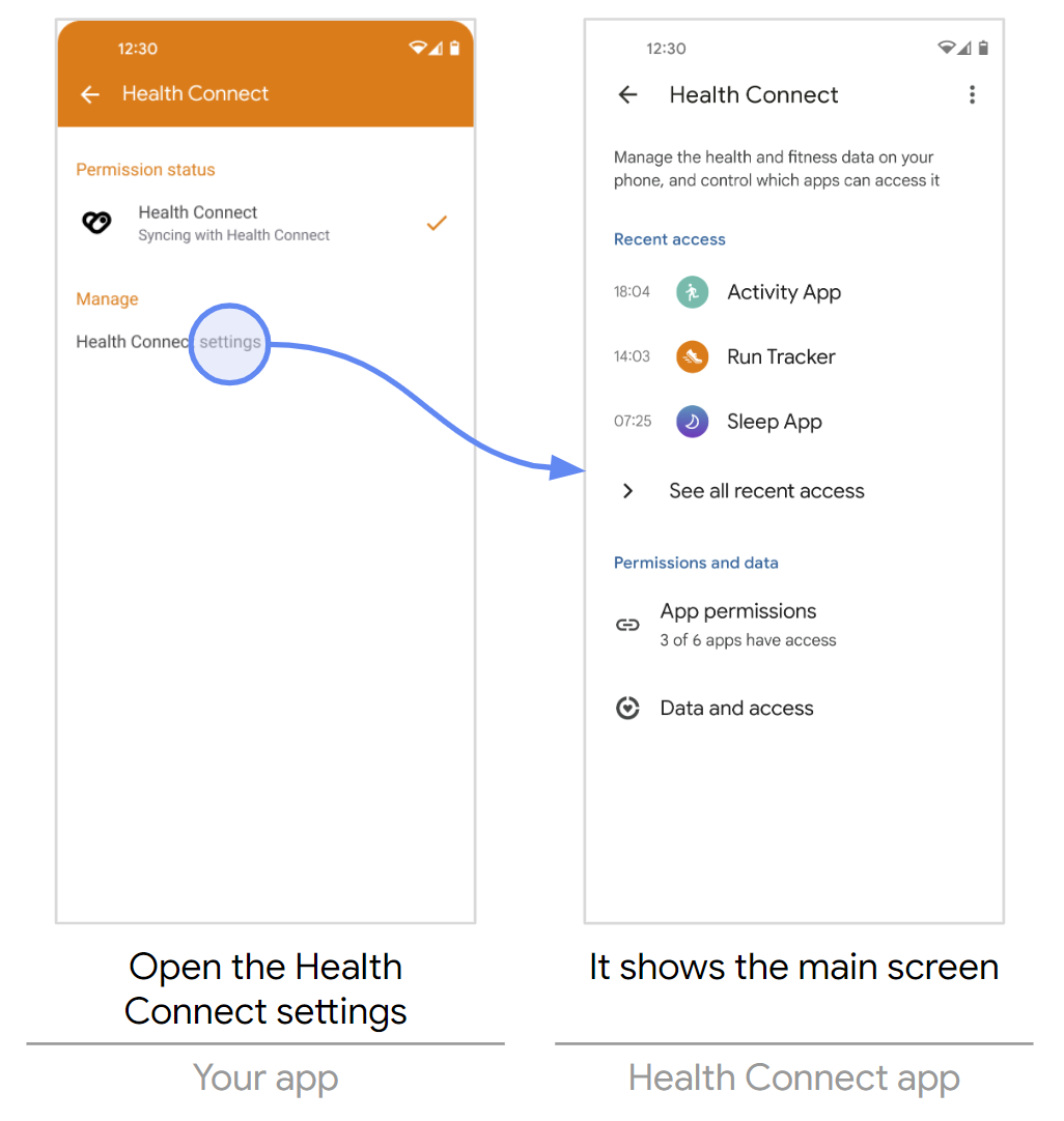 Truy cập Health Connect trong phần Cài đặt của ứng dụng của bạn